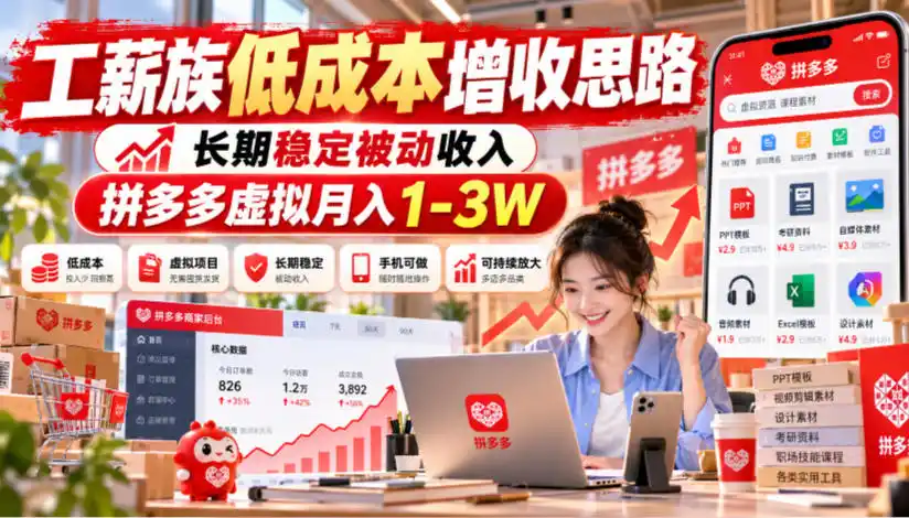 工薪族低成本增收思路，长期稳定被动收入（因人而异，不承诺收益），拼多多虚拟月入（因人而异，不承诺收益）1-3W