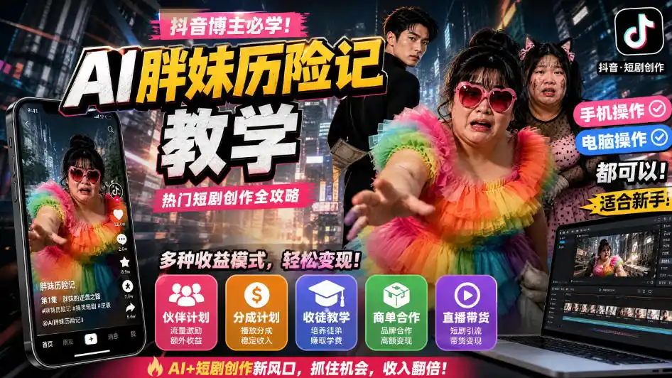抖音博主的AI胖妹历险记教学,伙伴计划+分成计划+收徒+商单等多种收益(因人而异,不承诺收益),适合新手,手机电脑都可以操作