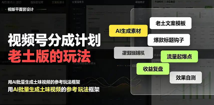 视频号分成计划老土版的玩法，流量爆炸，每天收益（因人而异，不承诺收益）300+，纯靠AI生成，越土的玩法，越高级