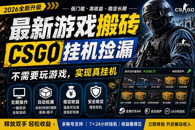 最新游戏搬砖，CSGO纯挂机，不需要玩游戏，实现真挂机，月入1W+，五一小高峰上车可吃肉，…-创课坊