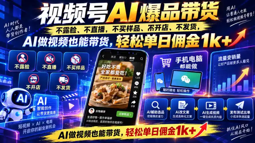 视频号Ai爆品带货,不露脸、不直播、不买样品、不开店、不发货,AI做视频也能带货,轻松单日(因人而异,不承诺收益)佣金1k+