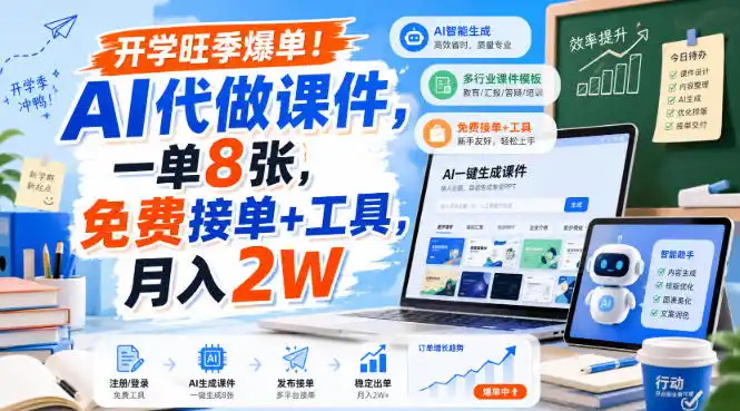 开学旺季爆单！AI代做课件，一单8张，免费接单+工具，月入（因人而异，不承诺收益）2W【揭秘】-创课坊