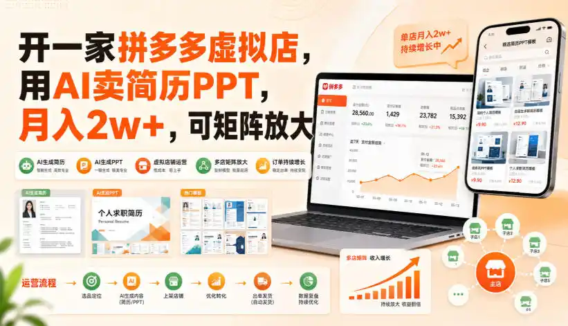 开一家拼多多虚拟店,用AI卖简历PPT,月入(因人而异,不承诺收益)2w+,可矩阵放大【揭秘】