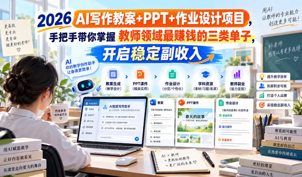 2026 AI写作教案+PPT+作业设计项目，手把手带你掌握教师领域最賺钱的三类单子，开启稳定副收入（因人而异，不承诺收益）