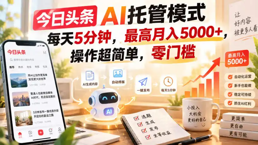 今日头条AI托管模式,每天5分钟,最高月入(因人而异,不承诺收益)5000+,操作超简单,零门槛【揭秘】