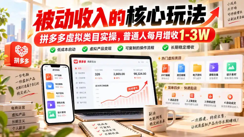 被动收入(因人而异,不承诺收益)的核心玩法,拼多多虚拟类目实操,普通人每月增收1-3W【揭秘】