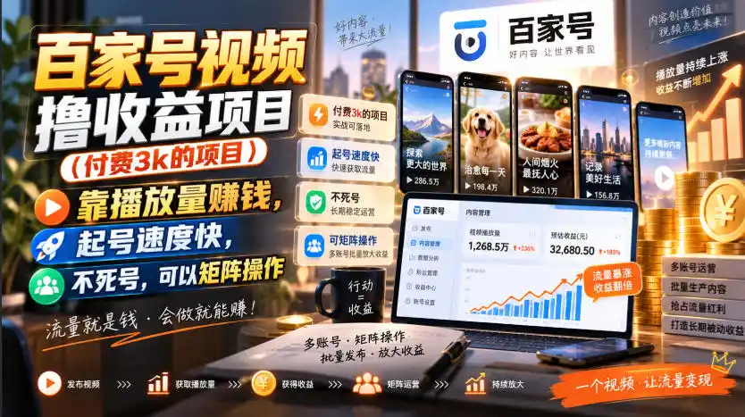 百家号视频撸收益(因人而异,不承诺收益)项目(付费3k的项目),靠播放量賺钱,起号速度快,不死号,可以矩阵操作
