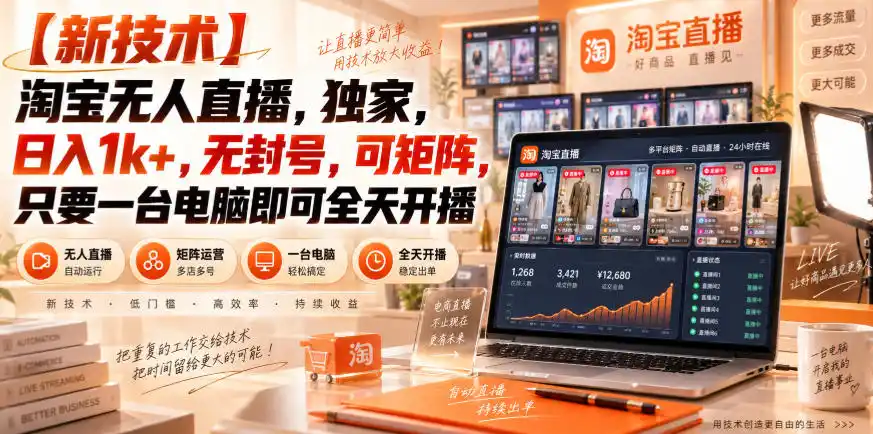 【独家新技术】淘宝无人直播,日入(因人而异,不承诺收益)1k+,无封号,可矩阵,只要一台电脑即可全天开播【揭秘】