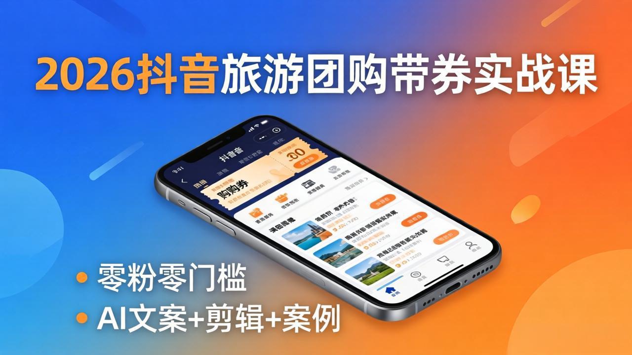 2026抖音旅游团购带券实战课：零粉零门槛，AI文案+剪辑+案例，躺着赚门票佣金-创课坊