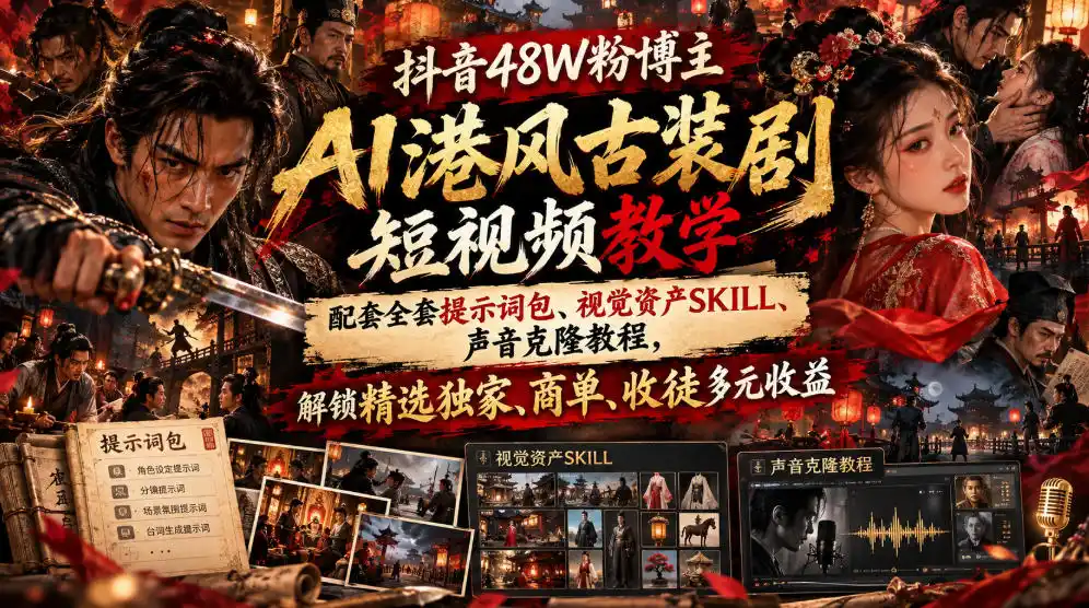 抖音48W粉博主AI港风古装剧短视频教学，配套全套提示词包、视觉资产SKILL、声音克隆教程，解锁精选独家、商单、收徒多元收益（因人而异，不承诺收益）