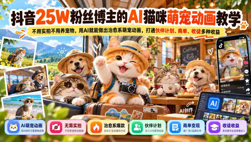 抖音25W粉丝博主的AI猫咪萌宠动画教学，不用实拍不用养宠物，用AI就能做出治愈系萌宠动画，打通伙伴计划、商单、收徒多种收益（因人而异，不承诺收益）