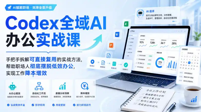 Codex全域AI办公实战课，手把手拆解可直接复用的实战方法，帮助职场人彻底摆脱低效办公，实现工作降本增效-创课坊
