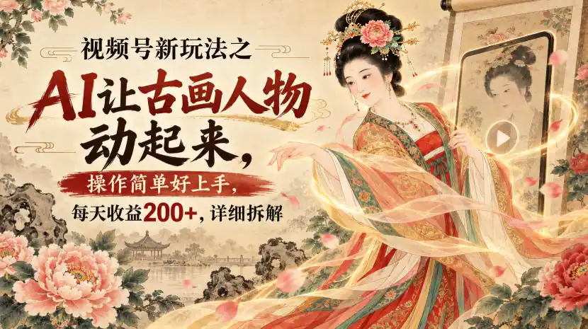 视频号新玩法之AI让古画人物动起来,操作简单好上手,每天收益(因人而异,不承诺收益)200+,详细拆解