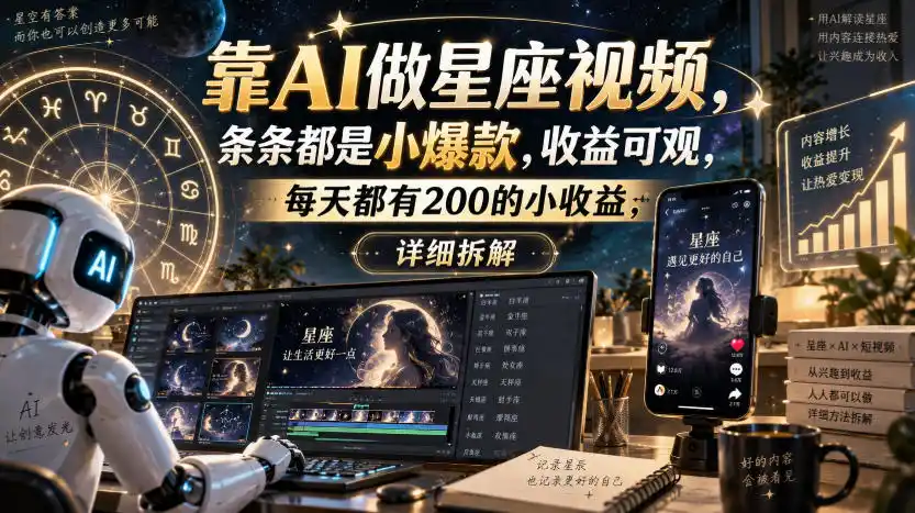 靠AI做星座视频，条条都是小爆款，收益（因人而异，不承诺收益）可观，每天都有200的小收益（因人而异，不承诺收益），详细拆解