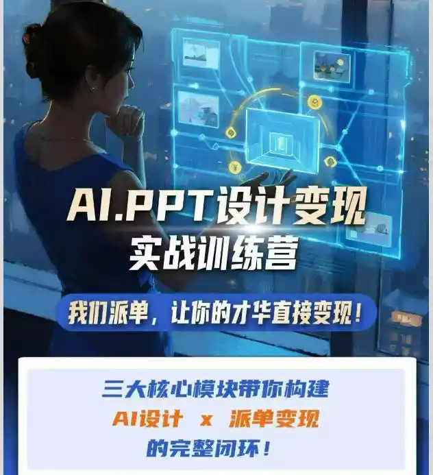 AI+PPT设计变现实战训练营，我们派单，让你的才华直接变现，三大核心模块带你构建Al设计x派单变现的完整闭环