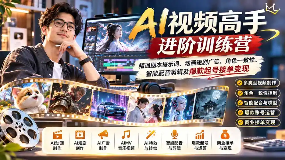 AI视频高手进阶训练营:精通剧本提示词、动画短剧广告、角色一致性、智能配音剪辑及爆款起号接单变现