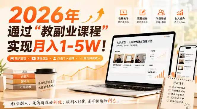 2026年通过“教副业课程”实现月入(因人而异,不承诺收益)1-5W!毫无保留的全部教给你,长期稳定【揭秘】