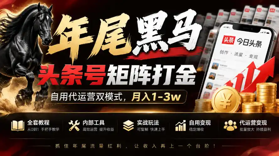 【年尾黑马】头条号矩阵打金,自用代运营双模式,月入(因人而异,不承诺收益)1-3w,附全套教程及内部工具【揭秘】