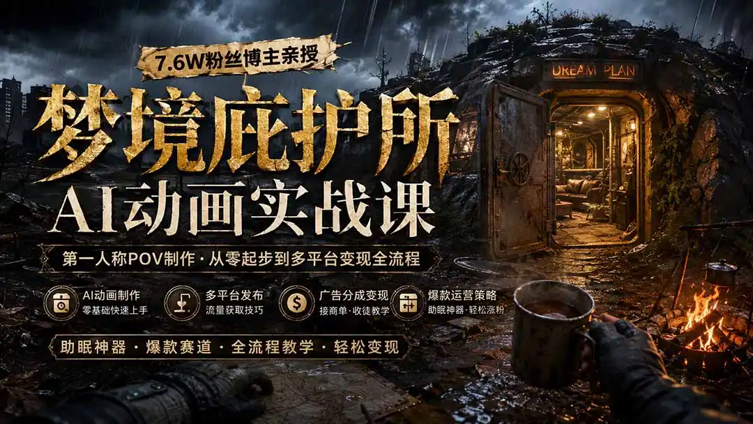 梦境庇护所AI动画实战课：7.6W粉丝博主亲授第一人称POV制作，从零起步到多平台发布变现全流程