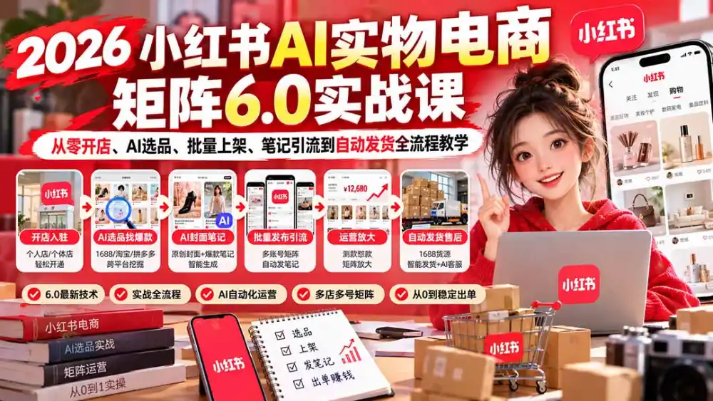 2026小红书AI实物电商矩阵6.0实战课:从零开店、AI选品、批量上架、笔记引流到自动发货全流程教学