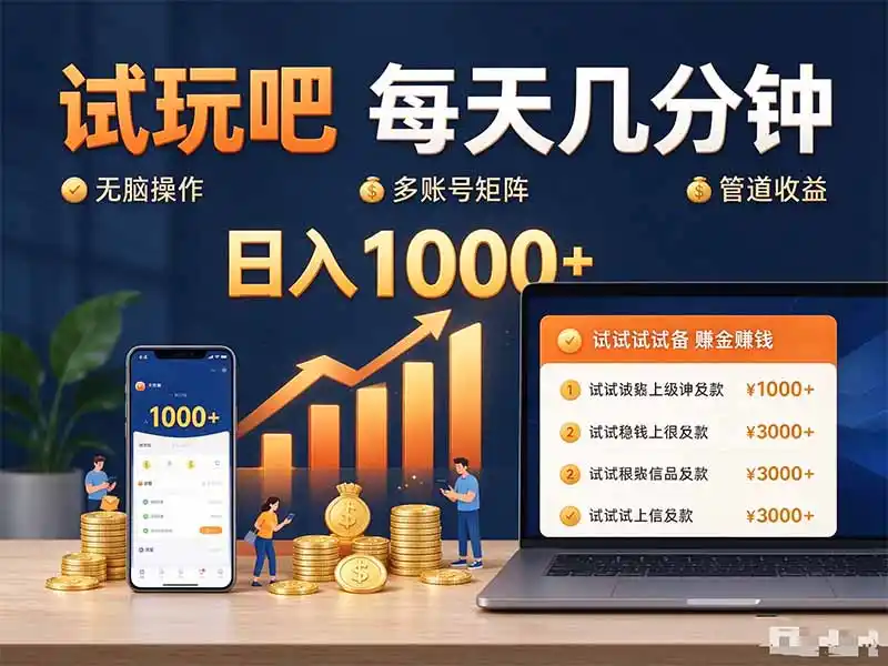 试玩吧每天几分钟日入（因人而异，不承诺收益）1000+无脑操作，可矩阵并附有管道收益（因人而异，不承诺收益）
