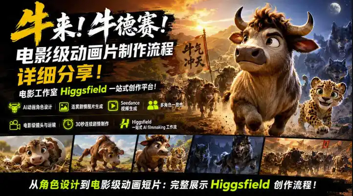 牛来！牛德赛！电影级动画片制作流程详细分享！电影工作室Higgsfield一站式创作平台，完整创作流程-创课坊