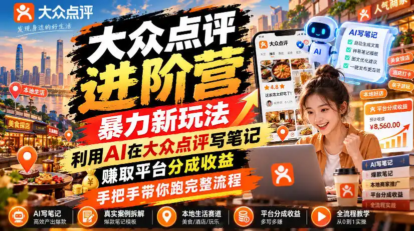 大众点评进阶营,暴力新玩法,利用AI在大众点评写笔记, 賺取平台分成收益(因人而异,不承诺收益),手把手带你跑完整流程