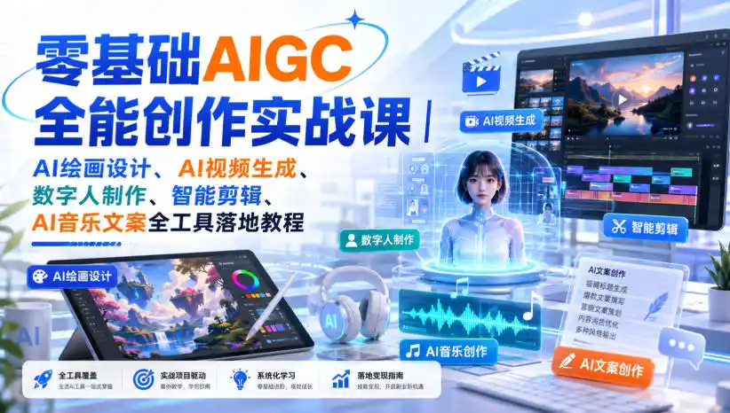 零基础AIGC全能创作实战课｜AI绘画设计、AI视频生成、数字人制作、智能剪辑、AI音乐文案全工具落地教程-创课坊