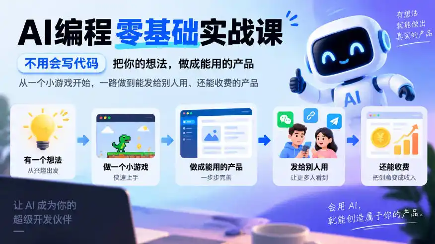 AI编程零基础实战课,不用会写代码,把你的想法,做成能用的产品,从一个小游戏开始,一路做到能发给别人用、还能收费的产品