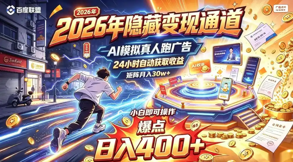 2026年别死磕自媒体，隐藏变现通道，AI模拟真人自动跑广告，小白即可操作，日入（因人而异，不承诺收益）400+，矩阵月入（因人而异，不承诺收益）可达到30w+【揭秘】