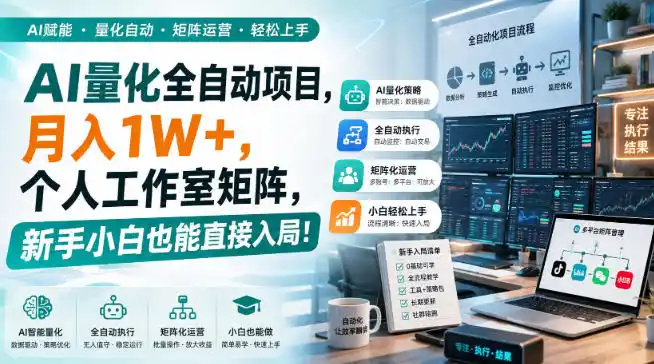 AI量化全自动挂机，月入（因人而异，不承诺收益）1W+，个人工作室矩阵，新手小白也能直接入局！