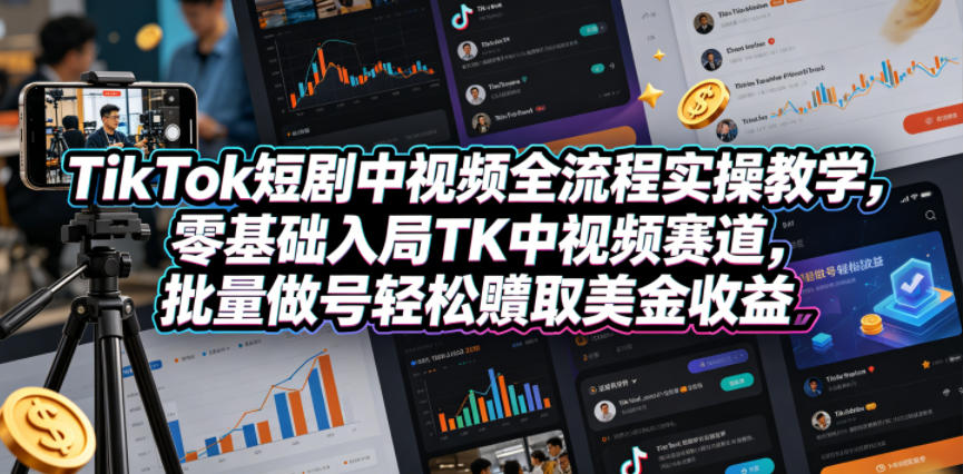 TikTok短剧中视频全流程实操教学，零基础入局TK中视频赛道，批量做号轻松賺取美金收益-创课坊