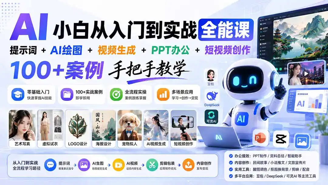 AI小白从入门到实战全能课：提示词+AI绘图+视频生成+PPT办公+短视频创作，100+案例手把手教学-创课坊
