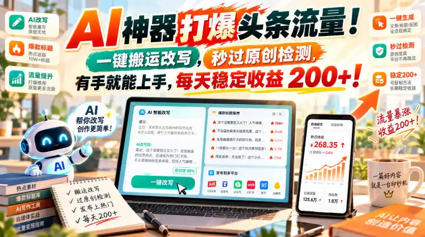 AI神器打爆头条流量，一键搬运改写，秒过原创检测，有手就能上手，每天稳定收益（因人而异，不承诺收益）200+！【揭秘】