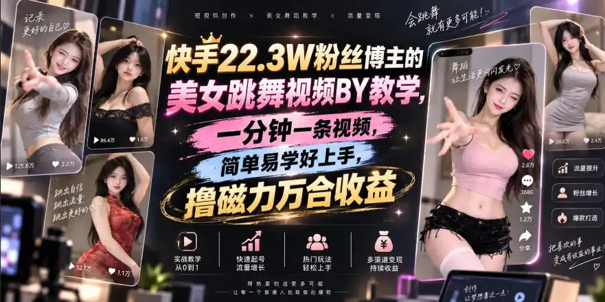 快手22.3W粉丝博主的美女跳舞视频搬运教学,快手MT搬运,一分钟一条视频,简单易学好上手,撸磁力万合收益(因人而异,不承诺收益)