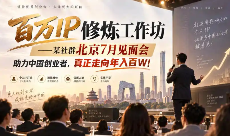 百万IP修炼工作坊——某社群北京7月见面会,助力中国创业者,真正走向年入(因人而异,不承诺收益)百W!