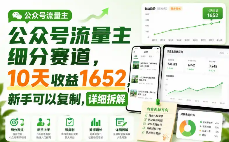 公众号流量主细分赛道，10天收益（因人而异，不承诺收益）1652，新手可以复制，详细拆解-创课坊