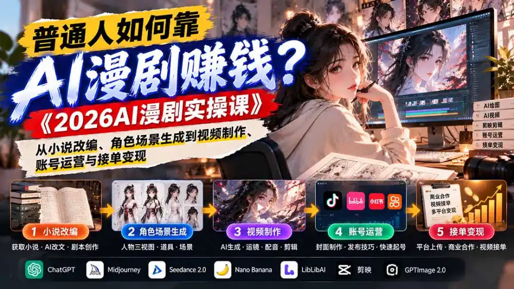普通人如何靠AI漫剧赚钱?《2026AI漫剧实操课》从小说改编、角色场景生成到视频制作、账号运营与接单变现