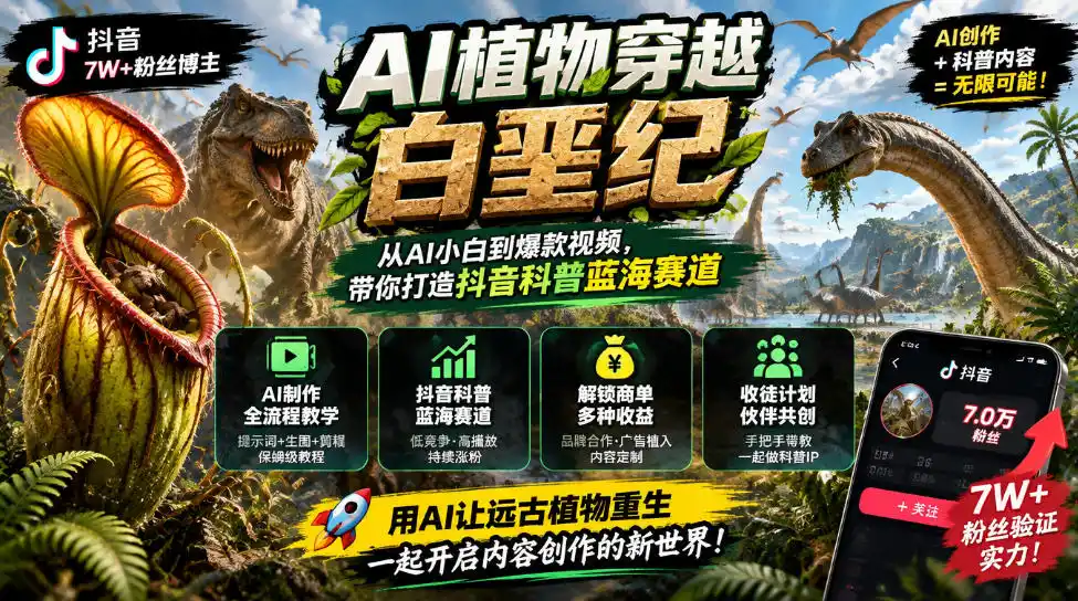 抖音7W粉丝博主的AI植物穿越白垩纪教学，抖音科普蓝海赛道，解锁商单收徒伙伴计划等多种收益（因人而异，不承诺收益）