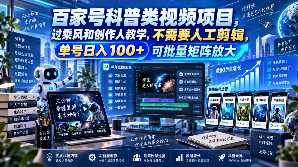 百家号科普类视频项目,过乘风和创作人教学,不需要人工剪辑,单号日入(因人而异,不承诺收益)100+可批量矩阵放大