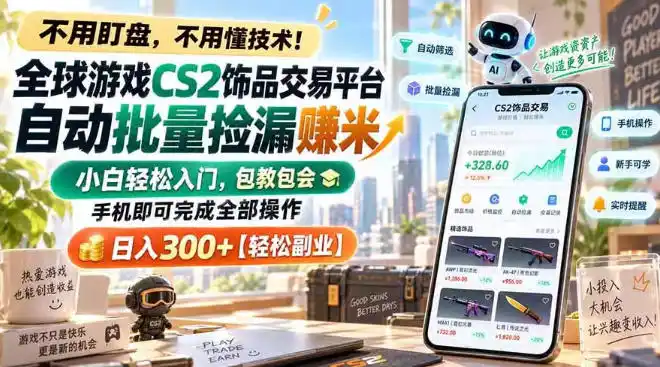 全球游戏CS2饰品交易平台自动批量捡漏賺米，小白轻松入门，包教包会，手机即可完成全部操作，日入（因人而异，不承诺收益）300+【揭秘】
