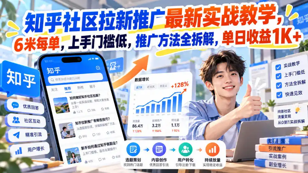 知乎社区拉新推广最新实战教学,6米每单,上手门槛低,推广方法全拆解,单日(因人而异,不承诺收益)收益(因人而异,不承诺收益)1K+!(更新1021)