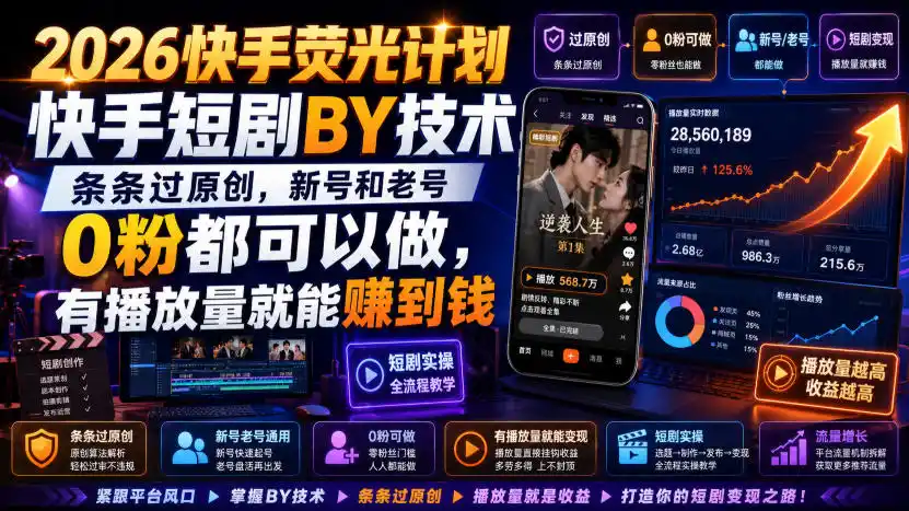 2026快手荧光计划，快手短剧搬运技术，条条过原创，新号和老号0粉都可以做，有播放量就能賺到钱