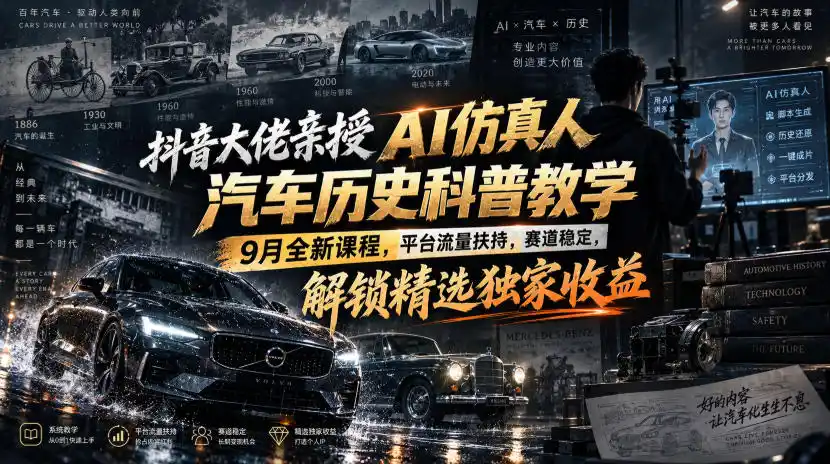 抖音大佬亲授AI仿真人汽车历史科普教学,9月全新课程,平台流量扶持,赛道稳定,解锁精选独家收益(因人而异,不承诺收益)
