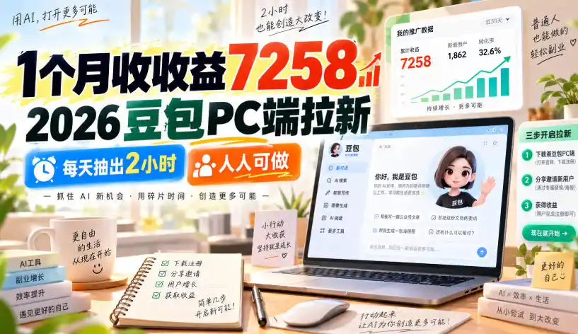 1个月收收益（因人而异，不承诺收益）7258，2026豆包PC端拉新，每天抽出2小时，人人可做