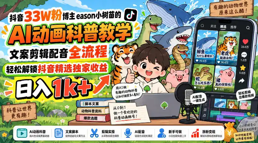 抖音33W粉博主eason小树苗的AI动画科普教学,文案剪辑配音全流程,轻松解锁抖音精选独家收益(因人而异,不承诺收益),日入(因人而异,不承诺收益)1k+