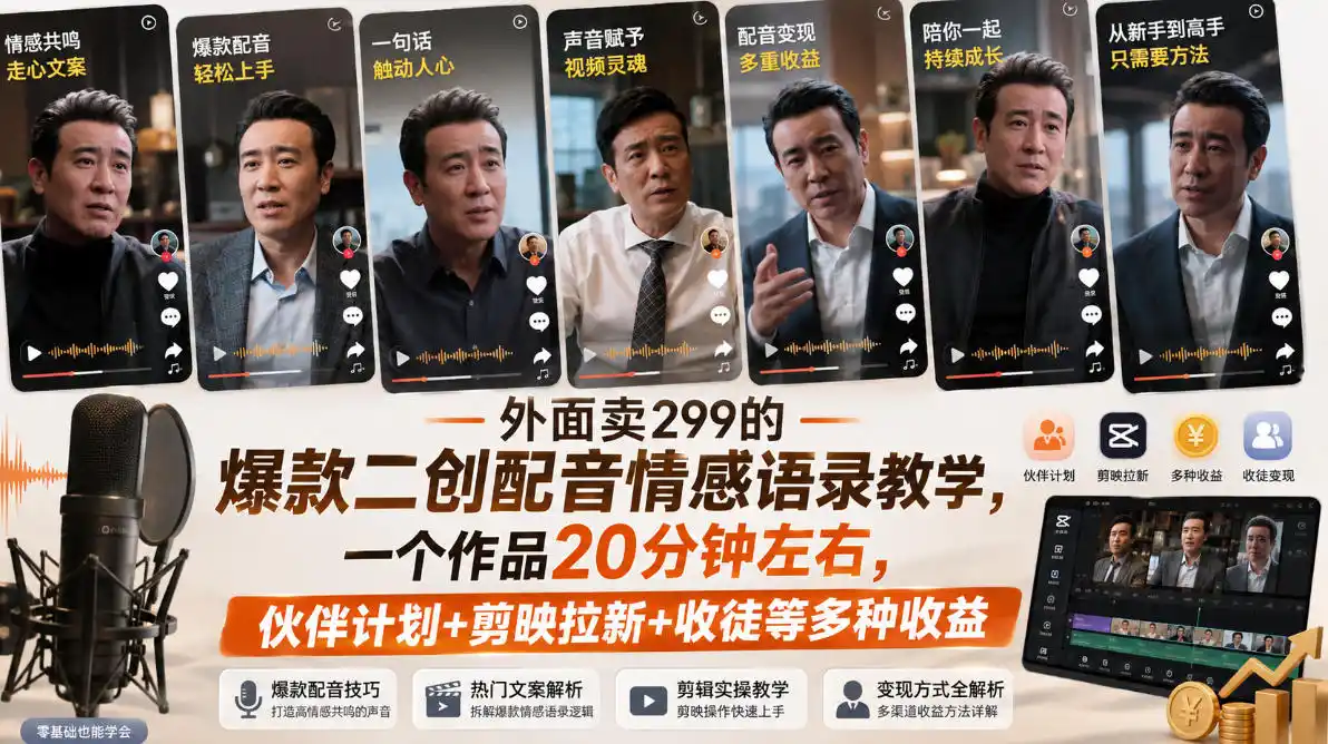 外面卖299的爆款二创配音情感语录教学,一个作品20分钟左右,伙伴计划+剪映拉新+收徒等多种收益(因人而异,不承诺收益)