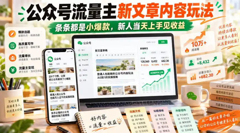 公众号流量主新文章内容玩法,条条都是小爆款,新人当天上手见收益(因人而异,不承诺收益)