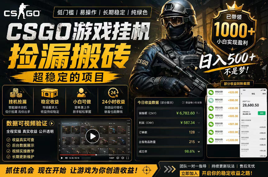 CSGO游戏搬砖，全自动挂G，不需要玩游戏，手机操作日入300+，解放双手【揭秘】-创课坊