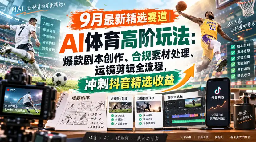 某大佬的9月最新精选赛道之AI体育顶级玩法,爆款剧本创作、版权规避、运镜剪辑全流程,稳拿抖音精选收益(因人而异,不承诺收益)